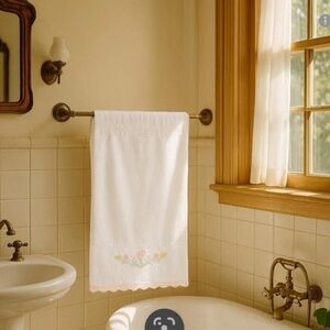 White Vintage Hand Towel With Floral Embroidery by Estex Home Fashion 1970s